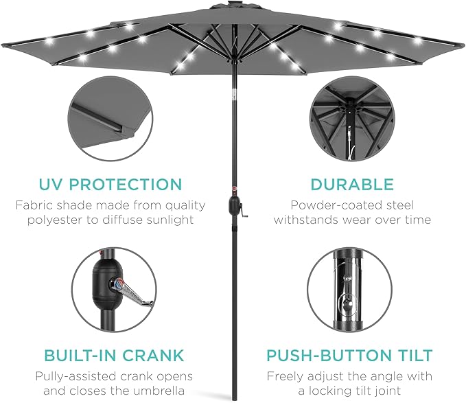 Best Choice Products 10ft Solar Polyester LED Lighted Patio Umbrella w/Tilt Adjustment and UV-Resistant Fabric - Gray