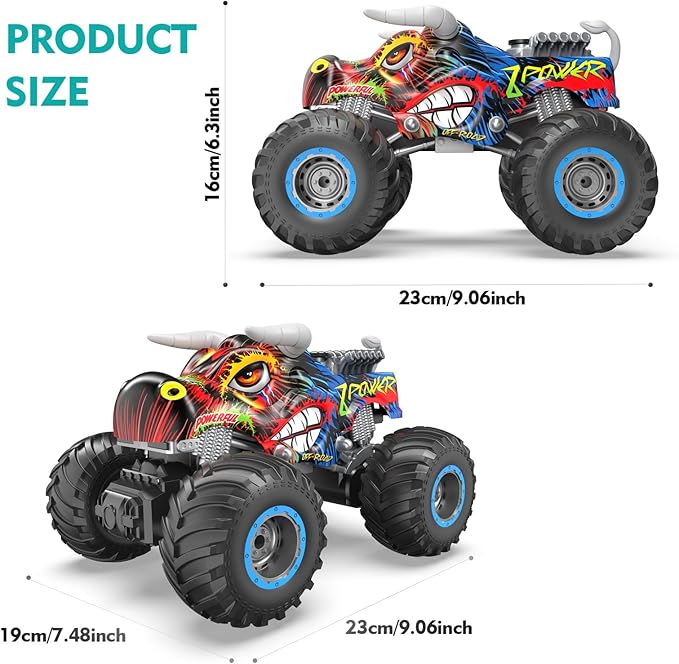 Remote Control Monster Truck, 2.4GHz All Terrain Remote Control Monster Cars, 1:16 Monster Truck RC Trucks, Remote Monster Car with Spray Music and Light for Boys 4-7 8-12 Kids