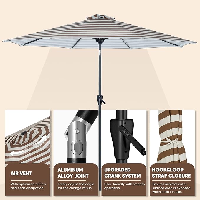 Tempera Patio Market Outdoor Table Umbrella with Push Button Tilt and Crank,Large Sun Umbrella with Sturdy Pole&Fade resistant canopy,Easy to set
