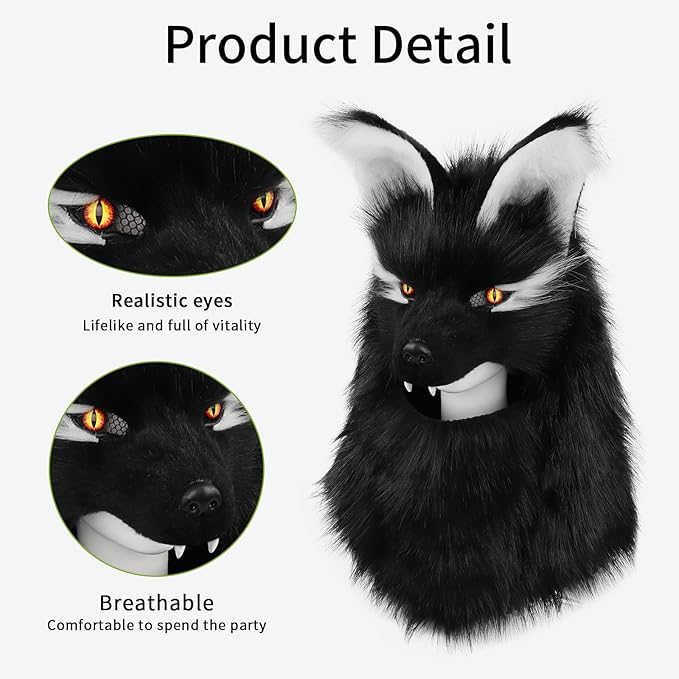 Furry Head Mask Animal Wolf Dog Plush Faux Fur Masks for Halloween Masquerade Cosplay Costume Props