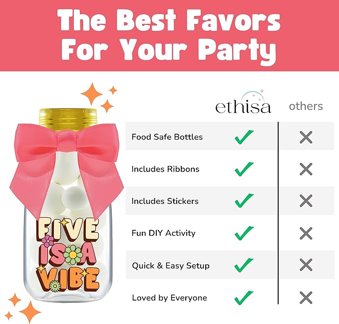 Small 12 Pack Five is a Vibe Party Favors - DIY Candy Jars with Ribbons and Stickers - Groovy Party Decoration Bottles for 5th Birthday Bash for Boy or Girl - Giftable Funky Retro Table Centerpiece