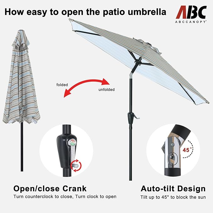 ABCCANOPY 7.5FT Outdoor Patio Umbrella, UV Protection Table Umbrella w/Crank for Easy Set Up, Suitable for Garden, Lawn, Deck & Backyard (Khaki Gray Stripe)