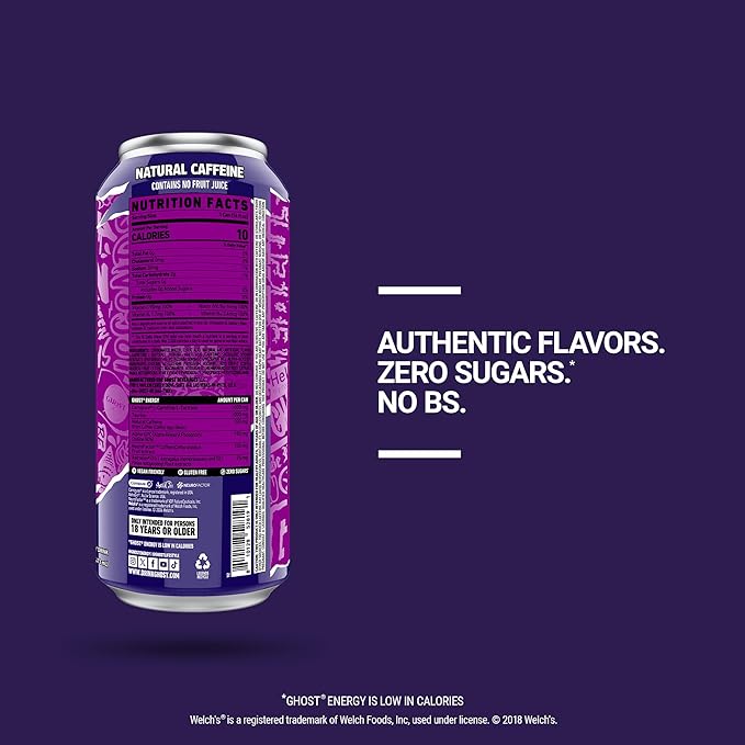 GHOST Energy Drink - 12-Pack, Welch's Grape, 16oz Cans - Energy & Focus & No Artificial Colors - 200mg of Natural Caffeine, L-Carnitine & Taurine - Gluten-Free & Vegan