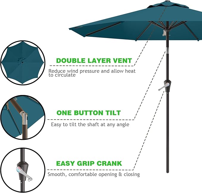 9 FT Patio Umbrella for Outdoor, Outdoor Umbrella with Push Button Tilt and Crank, Outdoor Patio Umbrellas with 8 Sturdy Ribs for Market, Garden, Deck, Backyard, Pool (Lake Blue)