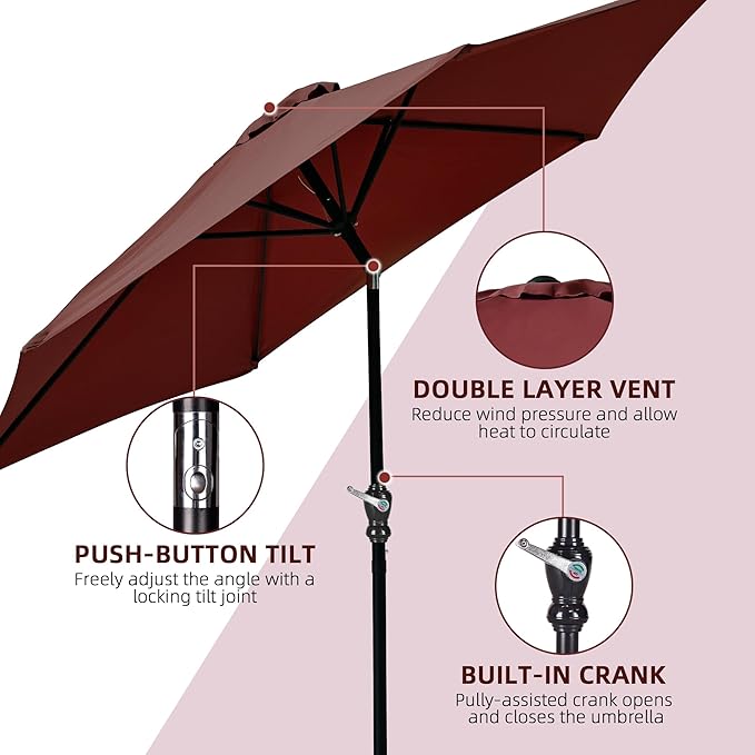 9FT Outdoor Patio Umbrella with Push Button Tilt and Crank, Beach Umbrella for Sun Shades, Market Umbrella with 6 Sturdy Metal Ribs, UV Resistant Waterproof for Garden, Backyard, Deck, Pool