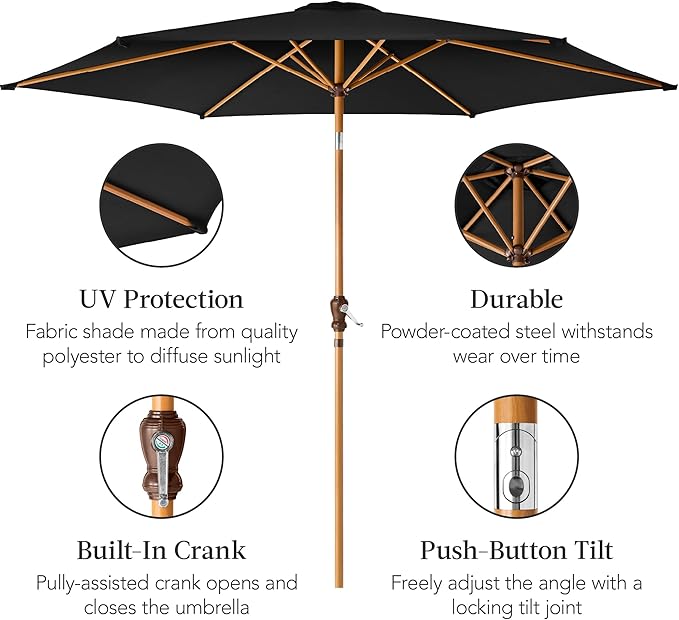 Best Choice Products 10ft Market Umbrella, Outdoor Sun Shade for Backyard, Deck, Poolside, Table w/Woodgrain Pattern, Easy Tilt & Crank - Black
