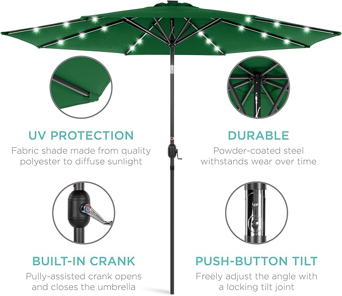 Best Choice Products 10ft Solar Polyester LED Lighted Patio Umbrella w/Tilt Adjustment and UV-Resistant Fabric - Green