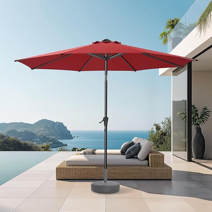9ft Outdoor Patio Umbrella - Market Table Pool Deck Umbrella UPF50+ UV Protection with Push Button Tilt, Crank and 8 Sturdy Ribs (Red, No base)