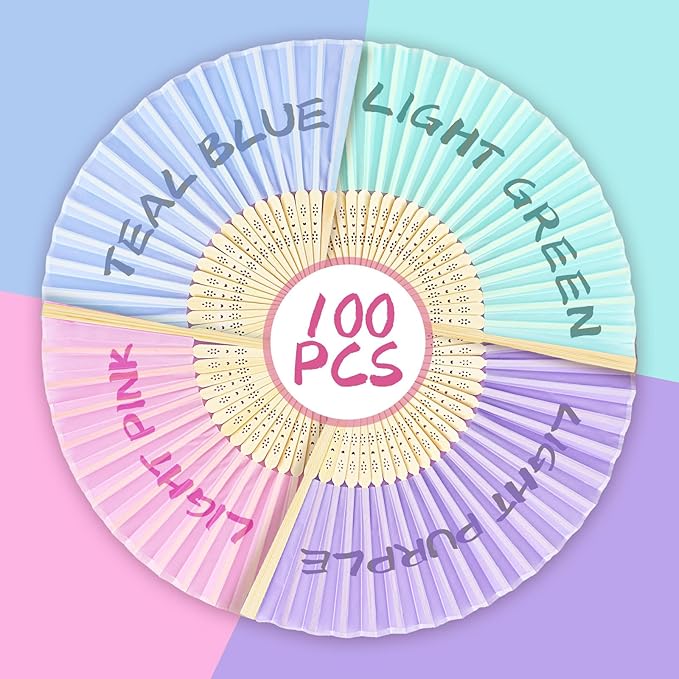 Blulu 100 Pcs Folding Hand Fans for Line Dancing Bulk Silk Bamboo Popping Clapping Fans for Line Dancing Boots On The Ground for Women Foldable Summer Beach Wedding Gifts (Macaroon Color)