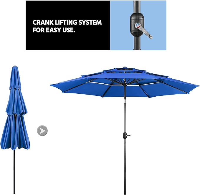 Yaheetech 3 Tier Patio Umbrella 10ft Vented Outdoor Large Market Table Umbrella with 8 Sturdy Ribs and 1.5" Umbrellla Pole, Double-layer Cloth & Push-button Tilting & Crank for Pool/Garden/Lawn Blue
