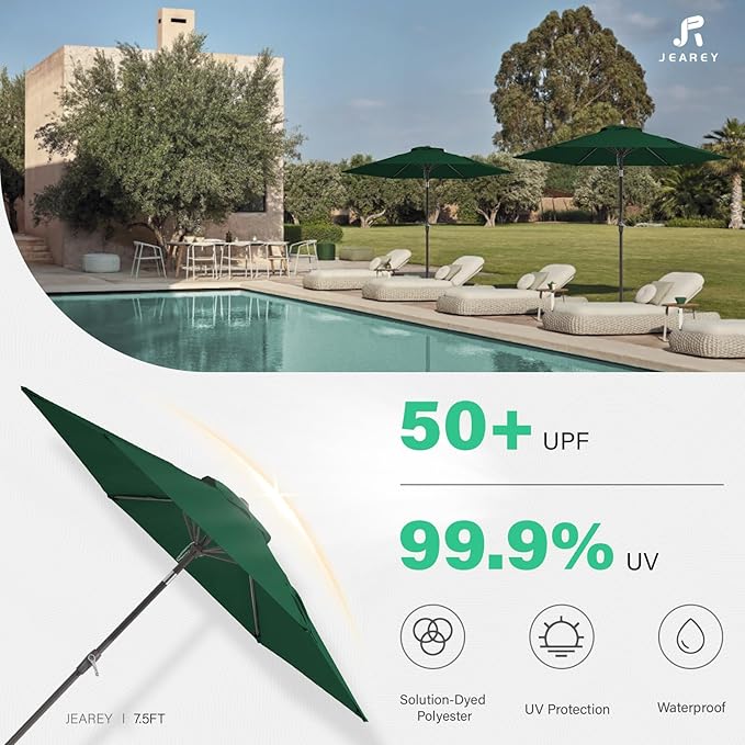 JEAREY 7.5FT Patio Umbrella Market Table Umbrella with 6 Sturdy Ribs, Push Button Tilt/Crank Outdoor Umbrella for Garden, Deck, Backyard, Pool and Beach,Dark Green