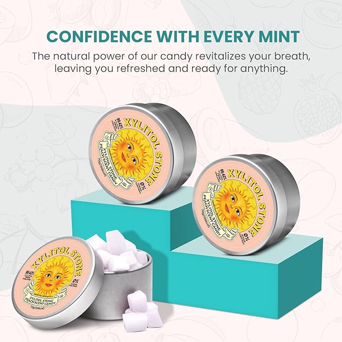 Xylitol Stone Sugar Free Candy - Vegan & Keto Friendly Unique Hard Candy - 100% Natural Flavor Candies - Gluten Free & Non-GMO Breath Freshener Low Calorie Mints - Peach (Pack of 3)