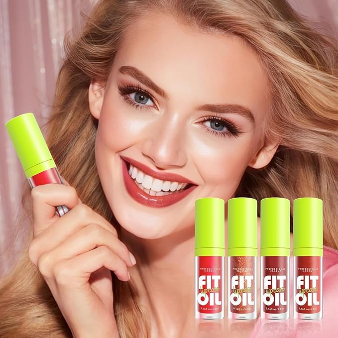 4 Colors Lip Oil Lip Glaze, Hydrating Lip Glow Oil Big Brush Head Shiny Moisturizing Lip Gloss, Long Lasting & Nourishing Non-sticky Fresh Transparent Tinted Plumping Lip Oil - Set B