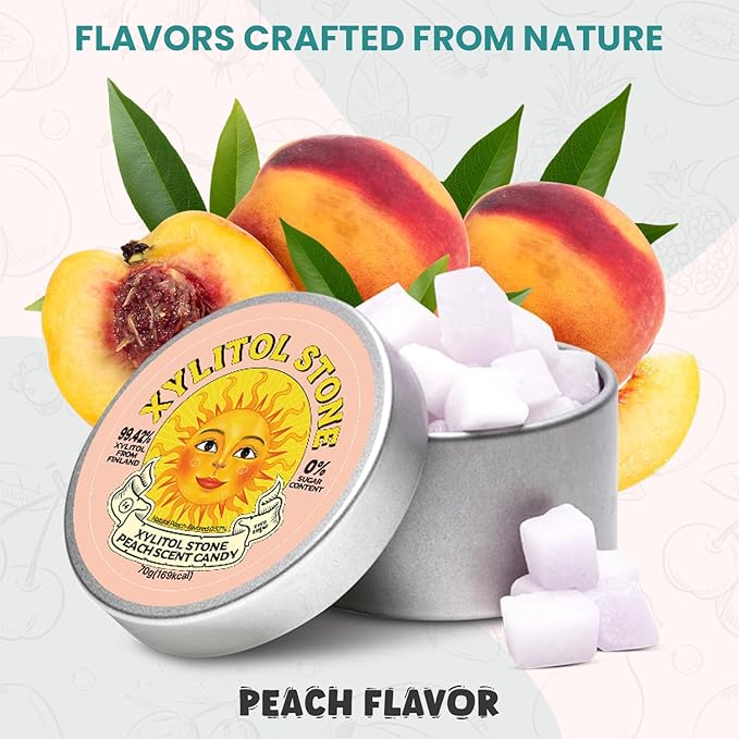 Xylitol Stone Sugar Free Candy - Vegan & Keto Friendly Unique Hard Candy - 100% Natural Flavor Candies - Gluten Free & Non-GMO Breath Freshener Low Calorie Mints - Peach (Pack of 3)