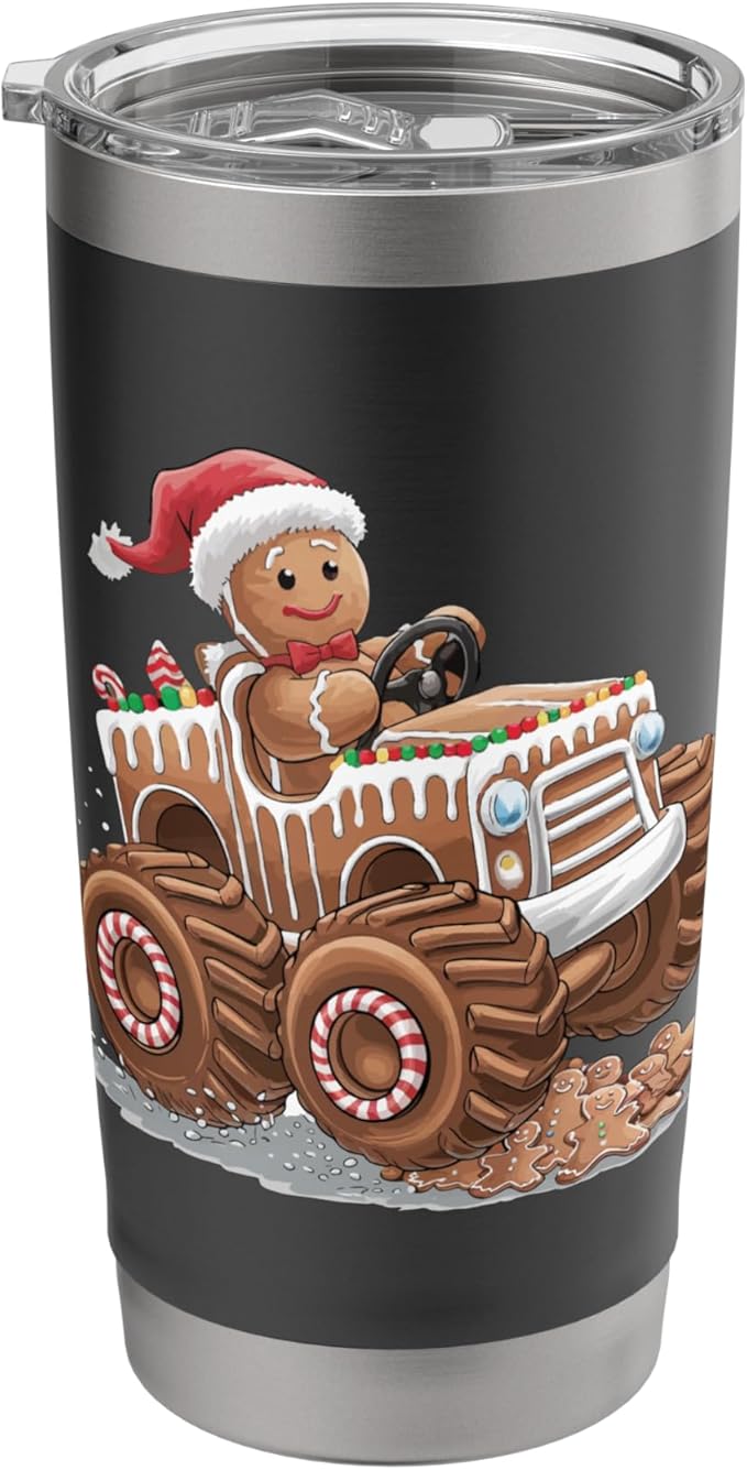 Funny Monster Truck Gingerbread Man Christmas Cookies Boys Stainless Steel Insulated Tumbler
