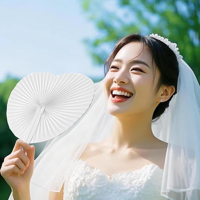 150 Packs Decorative Paper Folding Hand Fans Handheld,White Heart Wedding Foldable Fans Chinese and Japanese Fans Bulk for Bridal Guest Church Party Favors Dancing Birthday DIY