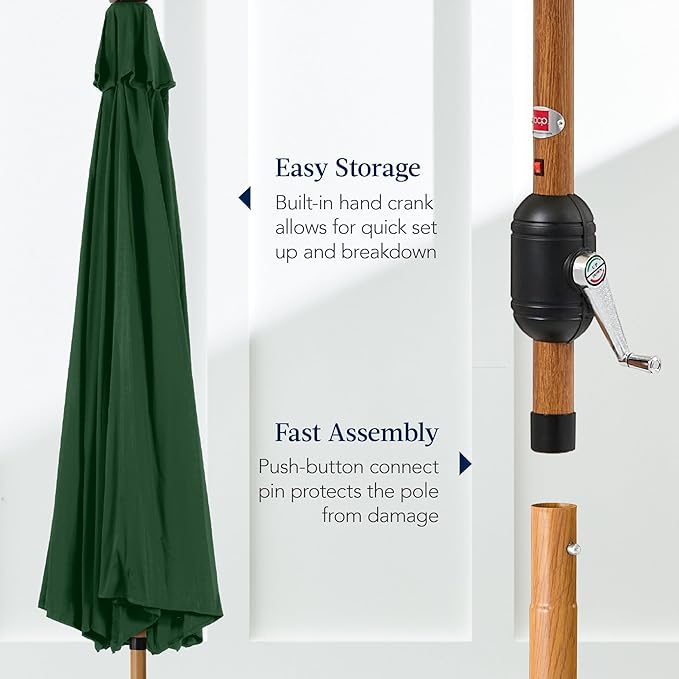 Best Choice Products 10ft Solar Market Patio Umbrella w/Woodgrain Pattern Pole, LED Lights, Tilt & Crank – Outdoor Sun Shade for Backyard Table, Deck, Poolside – Green