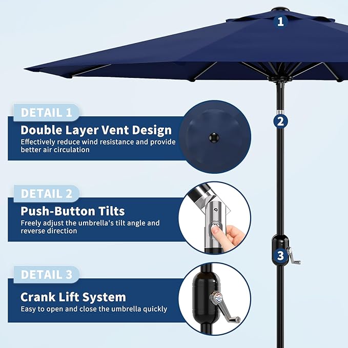 9Ft Patio Umbrella - 8 Sturdy Ribs Outdoor Table Umbrella with Crank Lift & Push Button Tilt - Market Umbrella for Pool, Deck, Yard, Garden - Navy Blue