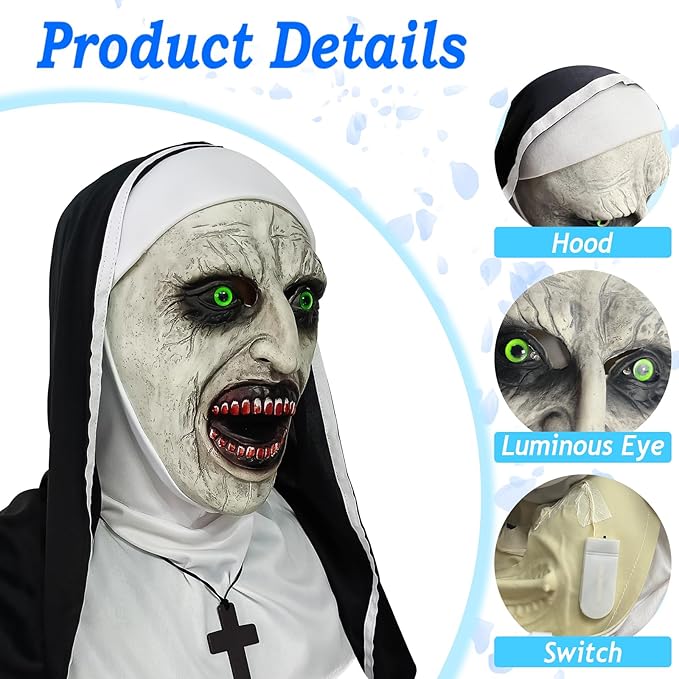 2024 Nun Scary Mask,Halloween Party Scary Full Head Costume Mask with cross necklace