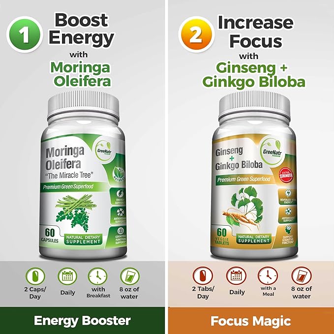 Ginkgo Biloba, Panax Ginseng Supplement and Moringa Capsules Bundle - Ginkgo Biloba Supplements for Immune Support and Energy Boost - Moringa Supplement for Concentration and Good Memory