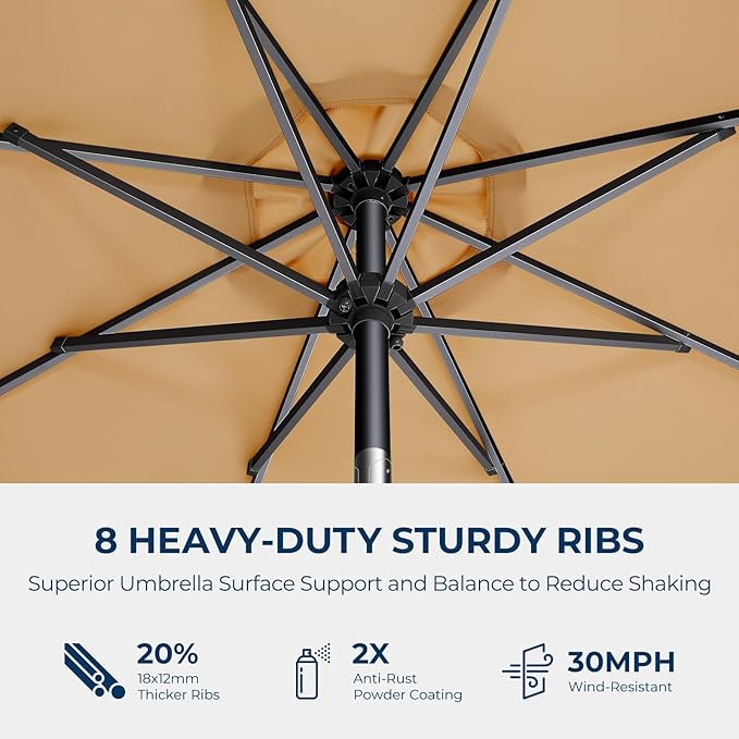 9ft Outdoor Patio Umbrella - Market Table Pool Deck Umbrella UPF50+ UV Protection with Push Button Tilt, Crank and 8 Sturdy Ribs (Beige, No base)