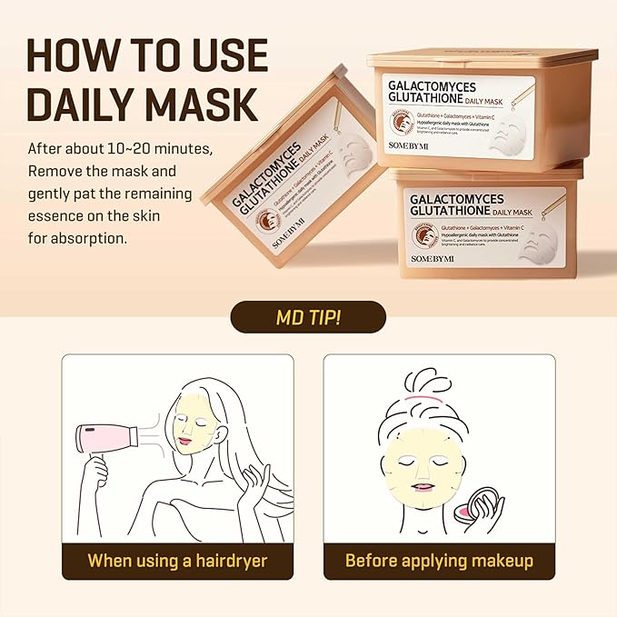 SOME BY MI Galactomyces Glutathione Daily Mask - 30 Sheets, 11.8Oz - Vitamin C Vegan Face Sheet Mask for Skin Brightening Routine - Skin Moisturizing and Glowing Care for Glass Skin - Korean Skin Care