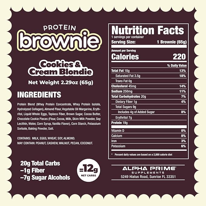 Prime Bites Protein Brownie from Alpha Prime Supplements | High Protein, Collagen Fortified Low Sugar Treat | Delicious Snack | 12 Bars per Box (Chocolate Cookie Monster)