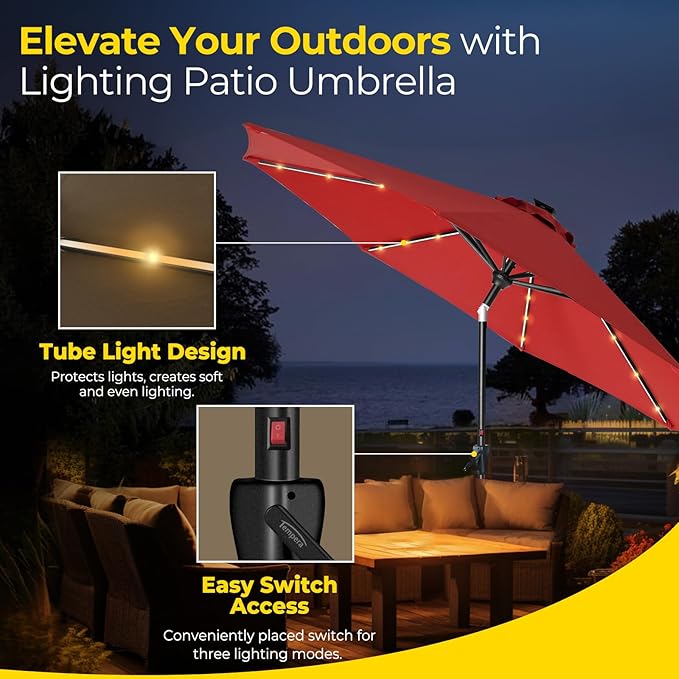 Tempera Solar Patio Umbrella 40 LED Lighted Outdoor Umbrella Table Market Umbrella with Push Button Tilt and Crank, Solar Umbrella with Sturdy Pole&Fade Resistant Canopy, Easy to Set