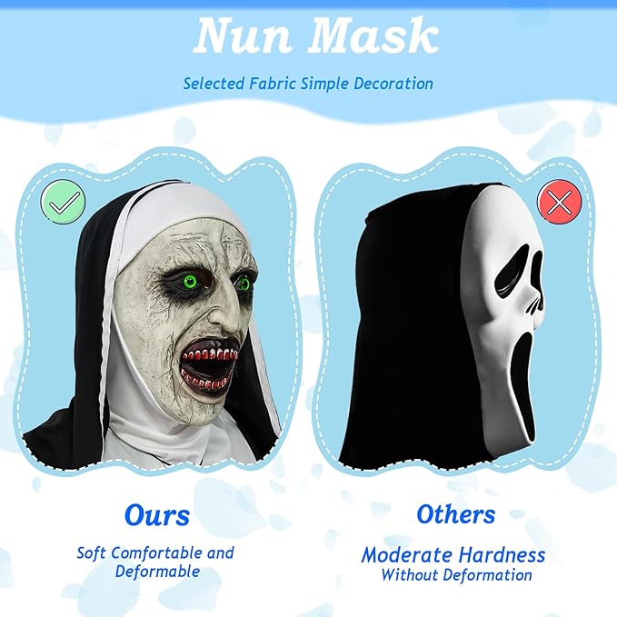 2024 Nun Scary Mask,Halloween Party Scary Full Head Costume Mask with cross necklace