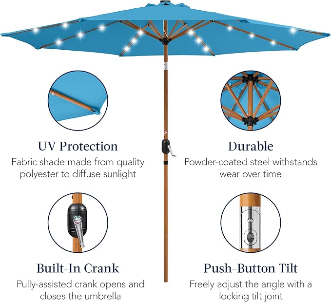 Best Choice Products 10ft Solar Market Patio Umbrella w/Woodgrain Pattern Pole, LED Lights, Tilt & Crank – Outdoor Sun Shade for Backyard Table, Deck, Poolside – Sky Blue