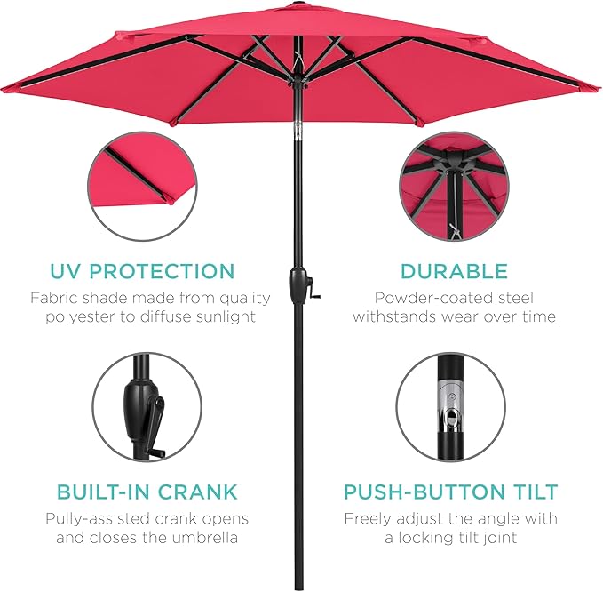 Best Choice Products 7.5ft Heavy-Duty Round Outdoor Market Table Patio Umbrella w/Steel Pole, Push Button Tilt, Easy Crank Lift - Hot Pink