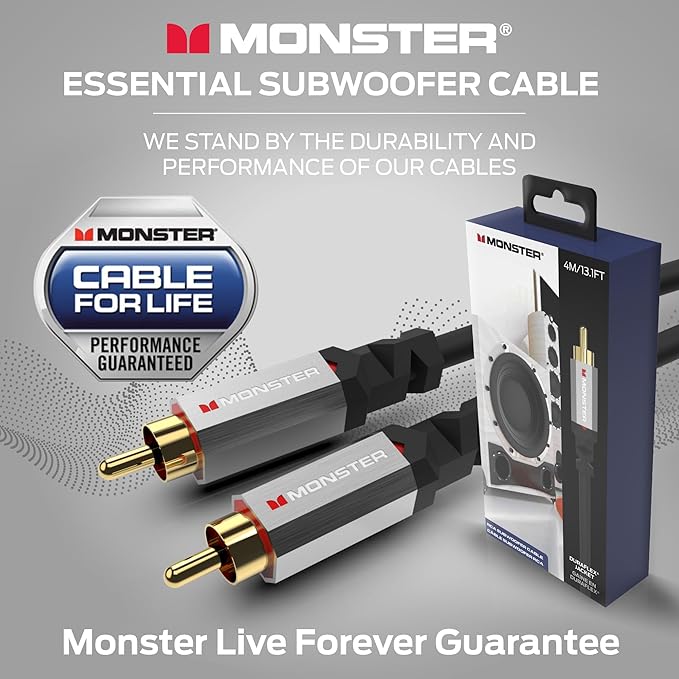 Monster Essentials Premium Subwoofer Cable Connector for Home Theaters and Cars, RCA Subwoofer Audio Cable, 13.1ft