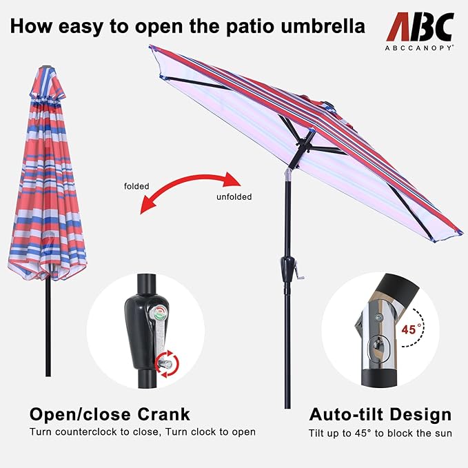 ABCCANOPY 7.5FT Outdoor Patio Umbrella, UV Protection Table Umbrella w/Crank for Easy Set Up, Suitable for Garden, Lawn, Deck & Backyard (Dark Blue Red Stripe)