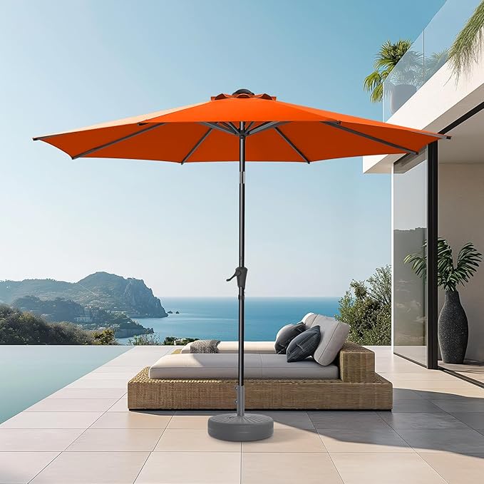 9ft Outdoor Patio Umbrella - Market Table Pool Deck Umbrella UPF50+ UV Protection with Push Button Tilt, Crank and 8 Sturdy Ribs (Neon Orange, No base)