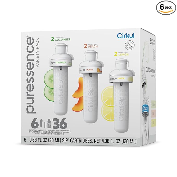 Cirkul Puressence Flavor Cartridge Variety Pack, Unsweetened, 6-Pack (2 Cucumber, 2 Peach, 2 Lemon)