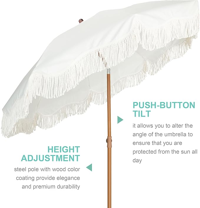 AMMSUN Boho Fringe Umbrella with Outdoor Blanket, 6.5ft UPF50+ Picnic Umbrella with Tassels with Steel Pole & Push Button Tilt, Antique White