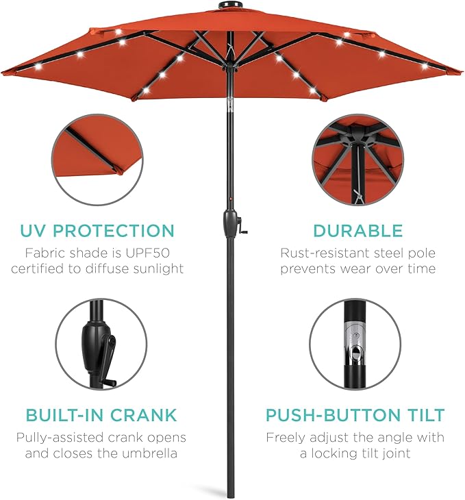 Best Choice Products 7.5ft Outdoor Solar Market Table Patio Umbrella for Deck, Pool w/Tilt, Crank, LED Lights - Rust