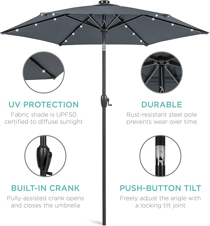Best Choice Products 7.5ft Outdoor Solar Market Table Patio Umbrella for Deck, Pool w/Tilt, Crank, LED Lights - Slate