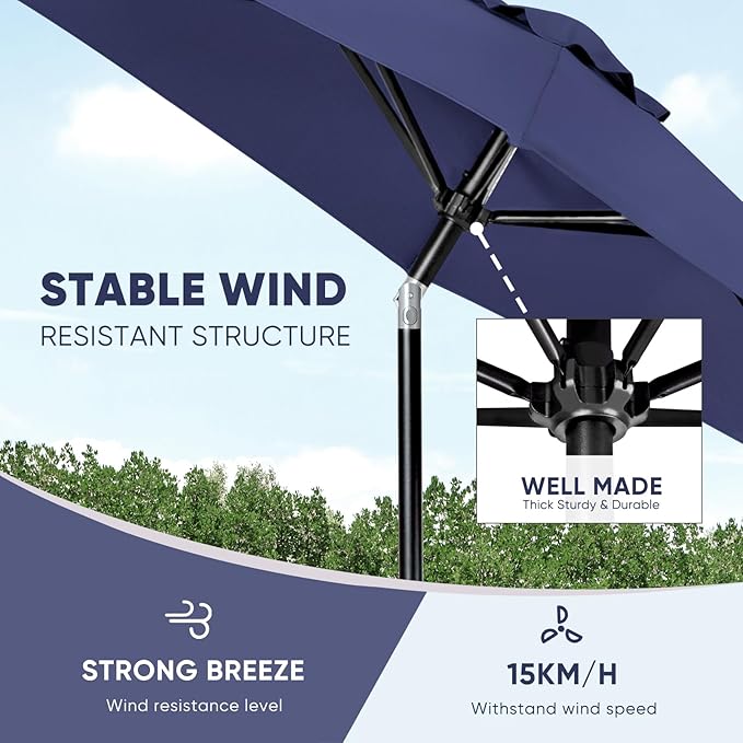 Tempera Patio Market Outdoor Table Umbrella with Push Button Tilt and Crank,Large Sun Umbrella with Sturdy Pole&Fade resistant canopy,Easy to set