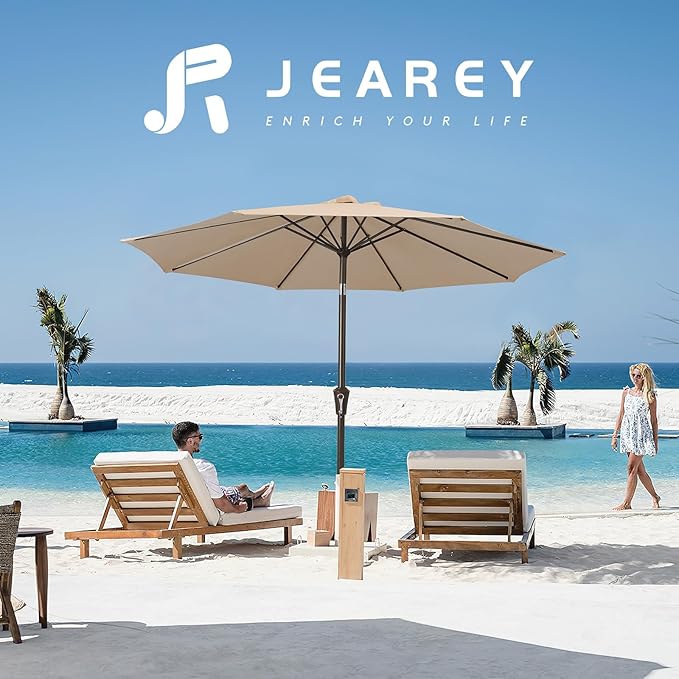 JEAREY 10FT Outdoor Patio Umbrella Outdoor Table Umbrella with Push Button Tilt and Crank, Market Umbrella 8 Sturdy Ribs UV Protection Waterproof for Pool, Garden (Creamy-white)