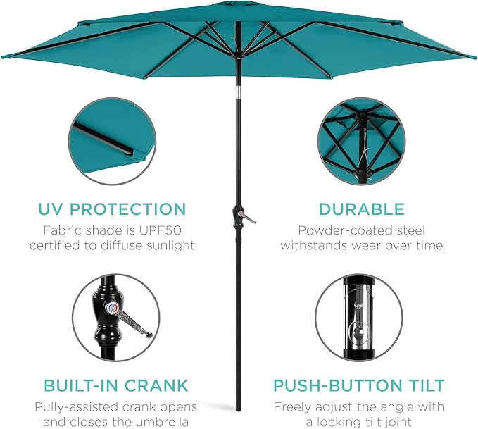 Best Choice Products 10ft Outdoor Steel Polyester Market Patio Umbrella w/Crank, Easy Push Button, Tilt, Table Compatible - Cerulean