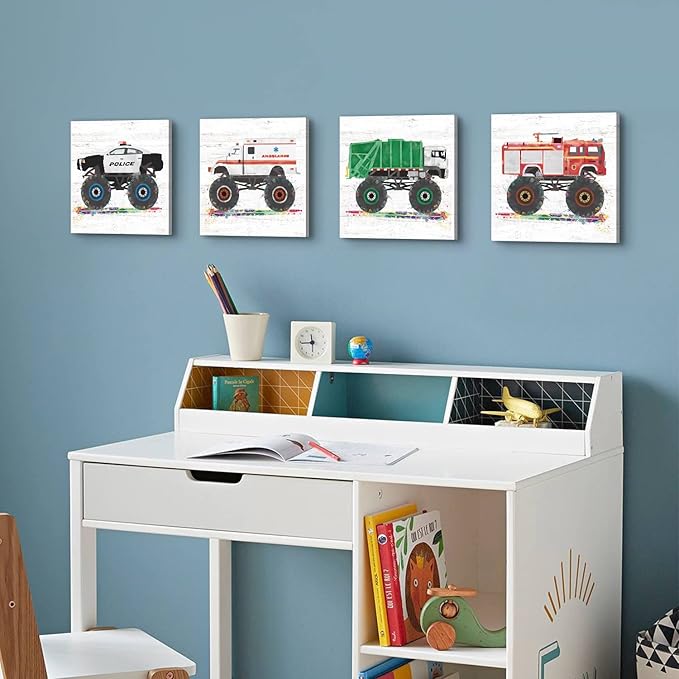 Monster Truck Wall Decor Car Posters for Boys Room Wall Art Cartoon Firetruck Garbage Police Ambulance Vehicle Canvas Pictures Artwork Toddler Room Decor Kids Bedroom Nursery Home Decoration 12×12"