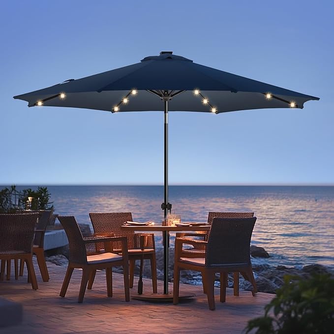 wikiwiki 10ft Solar Led Patio Umbrella, Sturdy Outdoor Market Umbrella for Deck, Pool, Garden w/Tilt, Crank, 32 LED Lights, Navy Blue