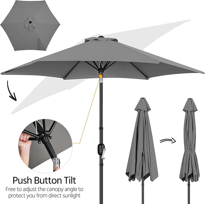 Yaheetech Patio Umbrella, 9FT Outdoor Table Market Umbrella with Push Button Tilt and Crank, Yard Sun Shade with Sturdy Ribs for Garden, Deck, Backyard, Pool, Gray