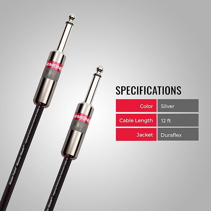 Monster Prolink Classic Instrument Guitar Cable - 12 ft Straight to Straight Instrument Cable. All Metal & Duraflex Outer Jacket. 90% Copper Braided Shield Monster Instrument Cable