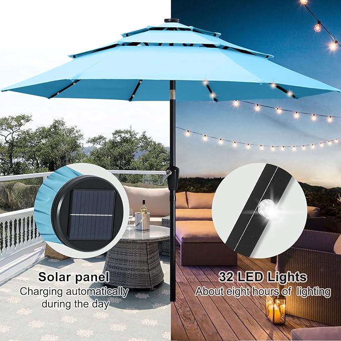 ABCCANOPY Solar Led Patio Umbrellas 3-Tiers 9FT (Turquoise)