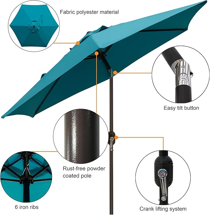 Blissun 7.5 ft Patio Umbrella, Yard Umbrella, Outdoor Market Umbrella with Push Button Tilt Crank (Cerulean)