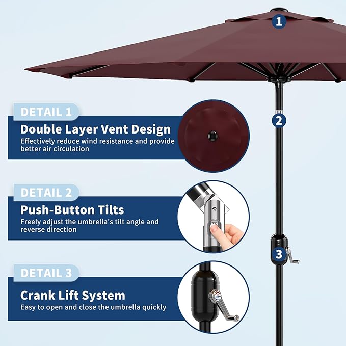 9Ft Patio Umbrella - 8 Sturdy Ribs Outdoor Table Umbrella with Crank Lift & Push Button Tilt - Market Umbrella for Pool, Deck, Yard, Garden - Dark Red