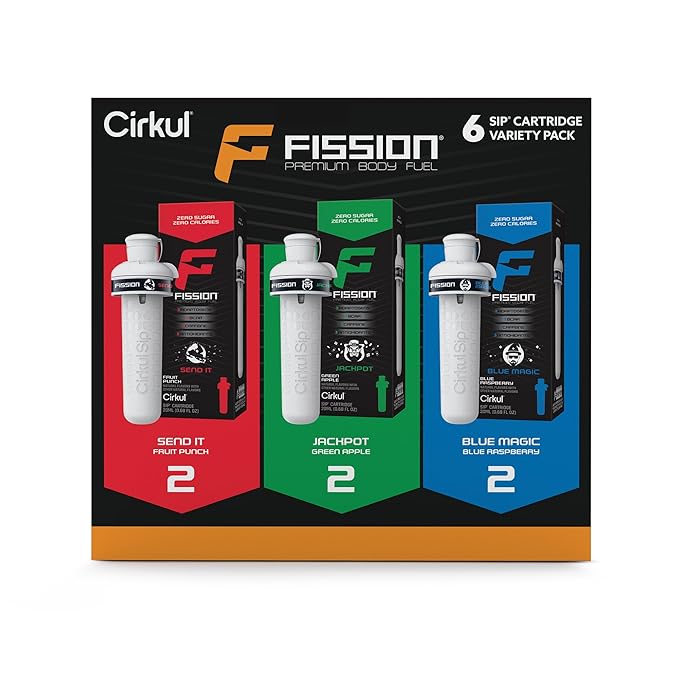Cirkul Fission Energy Flavor Cartridge Variety Pack with Caffeine, 6-Pack (2 Send It, 2 Jackpot, 2 Blue Magic)