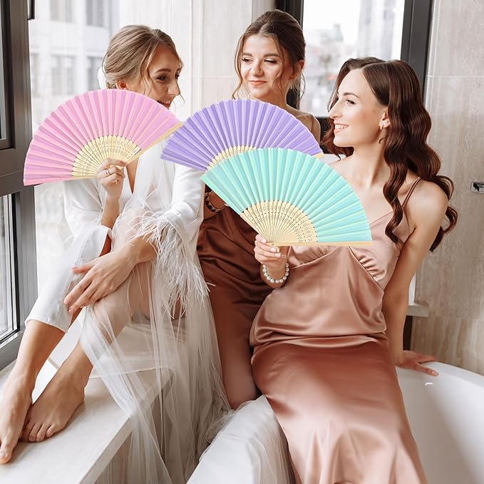 Blulu 100 Pcs Folding Hand Fans for Line Dancing Bulk Silk Bamboo Popping Clapping Fans for Line Dancing Boots On The Ground for Women Foldable Summer Beach Wedding Gifts (Macaroon Color)